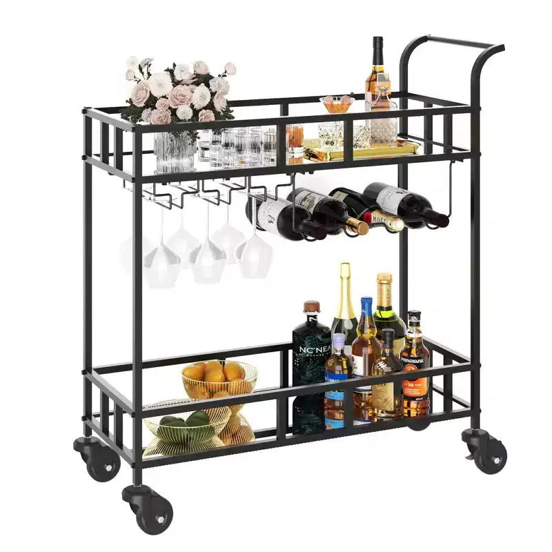 COZONY Chariot de Bar à 2 Niveaux avec Porte-Bouteilles et Porte-Verres, Desserte Roulante à Miroir avec Roues pour Cuisine et Salon