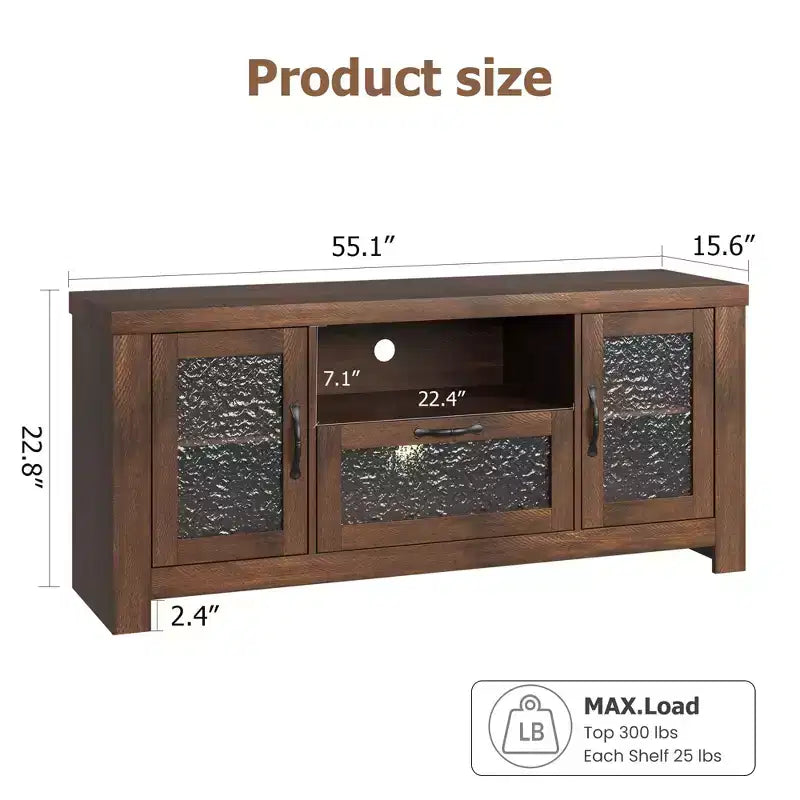 Meuble TV de ferme de 55 pouces avec portes en acrylique à motif d'ondulations d'eau Meuble de divertissement pour téléviseurs de 55 pouces, étagères réglables, capacité de 300 lb