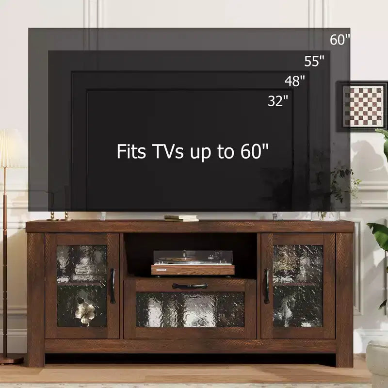 Meuble TV de ferme de 55 pouces avec portes en acrylique à motif d'ondulations d'eau Meuble de divertissement pour téléviseurs de 55 pouces, étagères réglables, capacité de 300 lb
