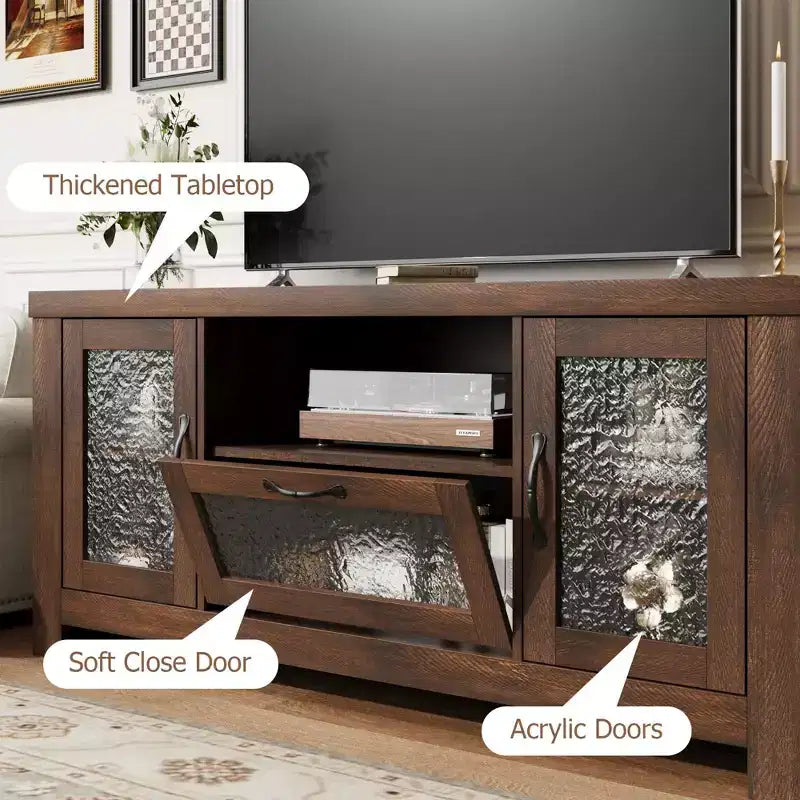 Meuble TV de ferme de 55 pouces avec portes en acrylique à motif d'ondulations d'eau Meuble de divertissement pour téléviseurs de 55 pouces, étagères réglables, capacité de 300 lb
