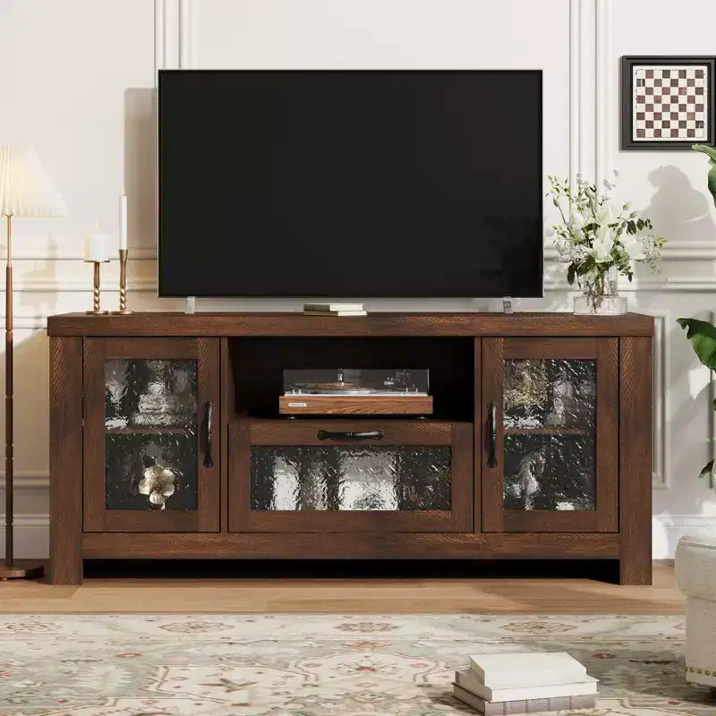 Meuble TV de ferme de 55 pouces avec portes en acrylique à motif d'ondulations d'eau Meuble de divertissement pour téléviseurs de 55 pouces, étagères réglables, capacité de 300 lb