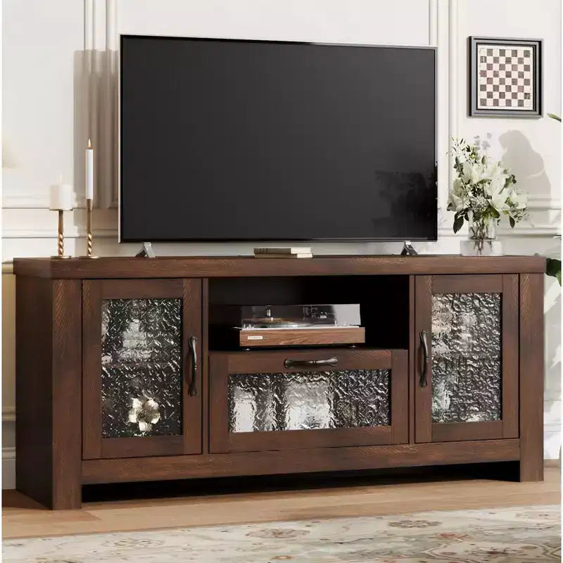 Meuble TV de ferme de 55 pouces avec portes en acrylique à motif d'ondulations d'eau Meuble de divertissement pour téléviseurs de 55 pouces, étagères réglables, capacité de 300 lb