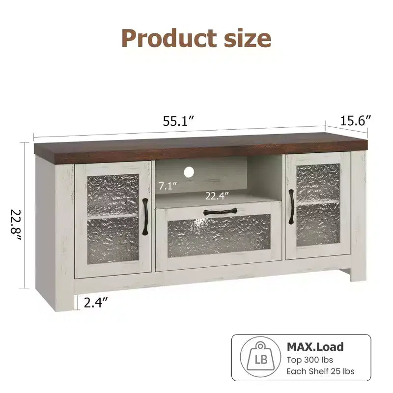 Meuble TV de ferme de 55 pouces avec portes en acrylique à motif d'ondulations d'eau Meuble de divertissement pour téléviseurs de 55 pouces, étagères réglables, capacité de 300 lb