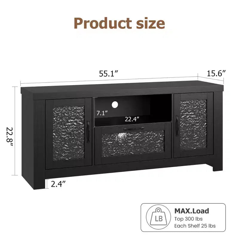 Meuble TV de ferme de 55 pouces avec portes en acrylique à motif d'ondulations d'eau Meuble de divertissement pour téléviseurs de 55 pouces, étagères réglables, capacité de 300 lb