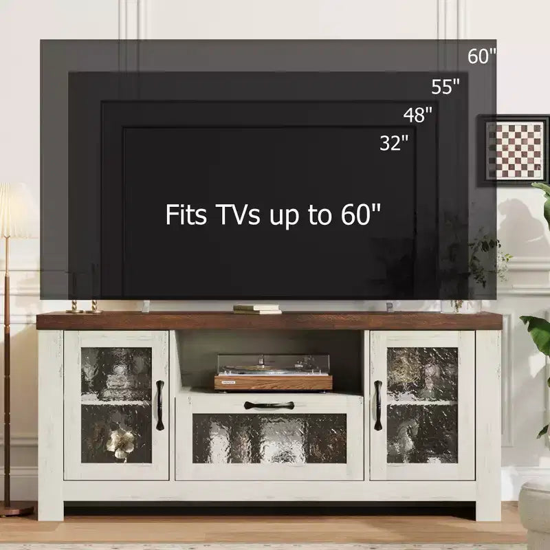 Meuble TV de ferme de 55 pouces avec portes en acrylique à motif d'ondulations d'eau Meuble de divertissement pour téléviseurs de 55 pouces, étagères réglables, capacité de 300 lb