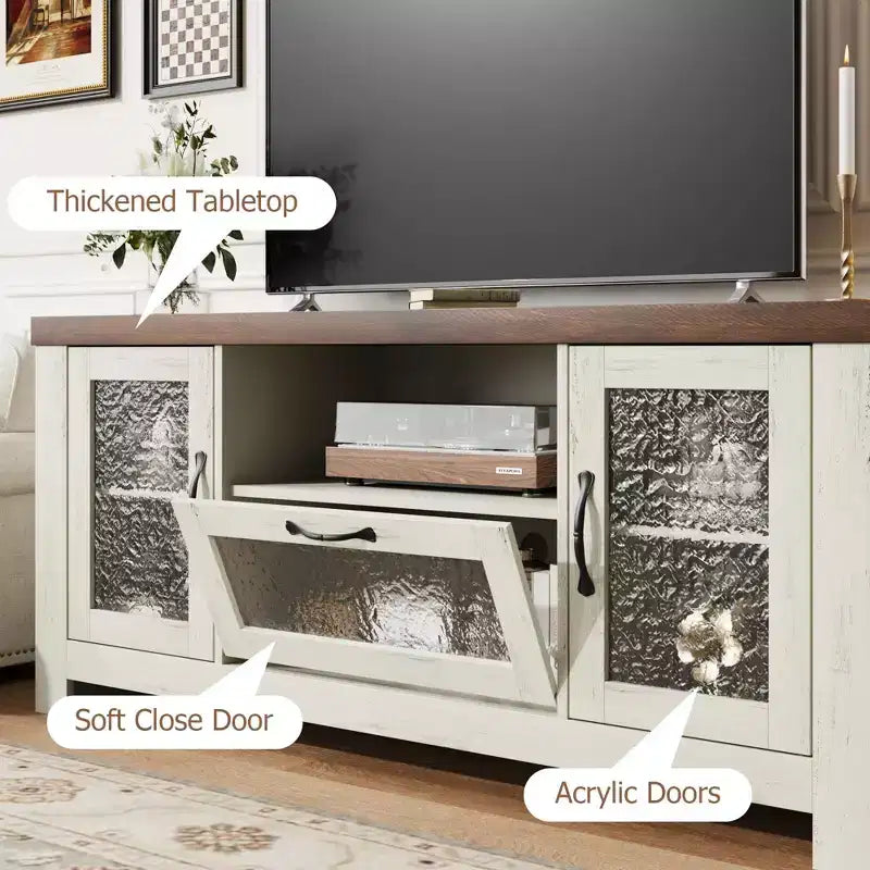 Meuble TV de ferme de 55 pouces avec portes en acrylique à motif d'ondulations d'eau Meuble de divertissement pour téléviseurs de 55 pouces, étagères réglables, capacité de 300 lb