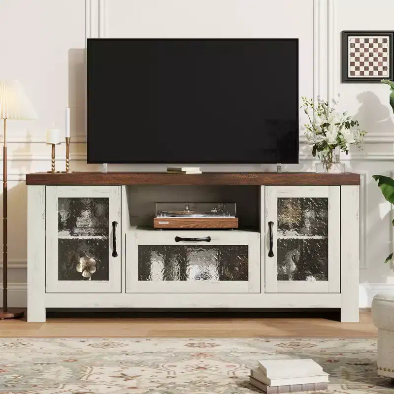Meuble TV de ferme de 55 pouces avec portes en acrylique à motif d'ondulations d'eau Meuble de divertissement pour téléviseurs de 55 pouces, étagères réglables, capacité de 300 lb