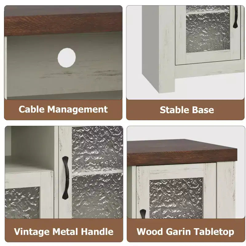 Meuble TV de ferme de 55 pouces avec portes en acrylique à motif d'ondulations d'eau Meuble de divertissement pour téléviseurs de 55 pouces, étagères réglables, capacité de 300 lb