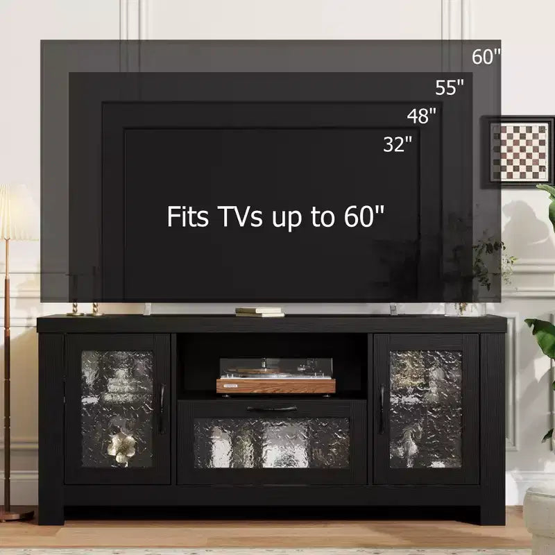 Meuble TV de ferme de 55 pouces avec portes en acrylique à motif d'ondulations d'eau Meuble de divertissement pour téléviseurs de 55 pouces, étagères réglables, capacité de 300 lb