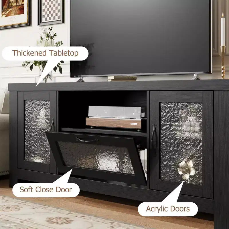 Meuble TV de ferme de 55 pouces avec portes en acrylique à motif d'ondulations d'eau Meuble de divertissement pour téléviseurs de 55 pouces, étagères réglables, capacité de 300 lb