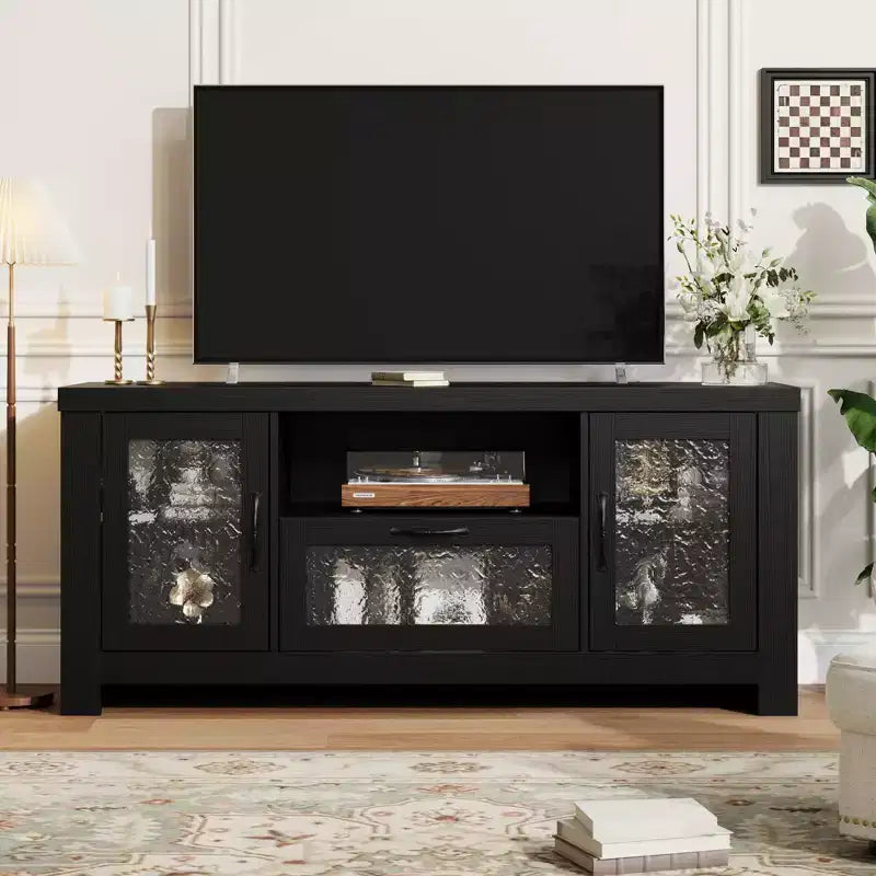 Meuble TV de ferme de 55 pouces avec portes en acrylique à motif d'ondulations d'eau Meuble de divertissement pour téléviseurs de 55 pouces, étagères réglables, capacité de 300 lb