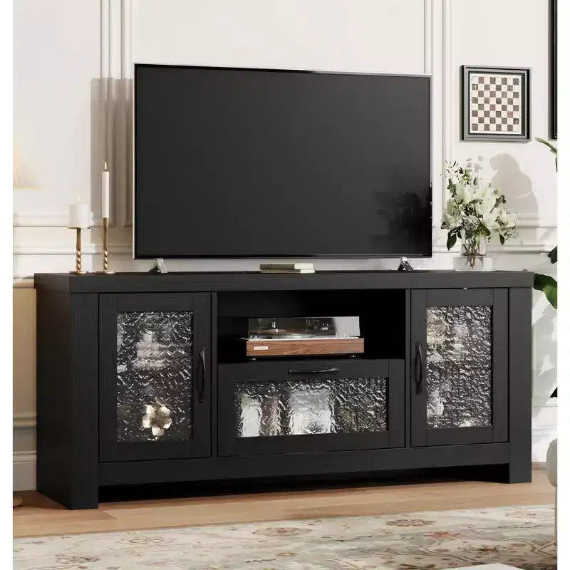 Meuble TV de ferme de 55 pouces avec portes en acrylique à motif d'ondulations d'eau Meuble de divertissement pour téléviseurs de 55 pouces, étagères réglables, capacité de 300 lb