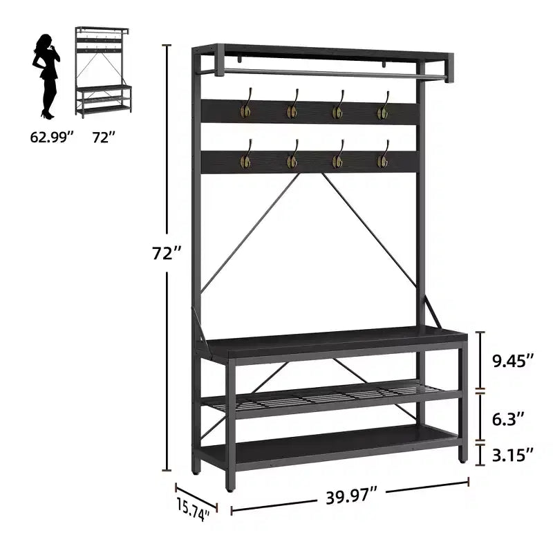 40 Portemanteau industriel avec banc et rangement à chaussures, porte-manteau avec barre de suspension, crochets et étagère de rangement pour entrée et vestiaire