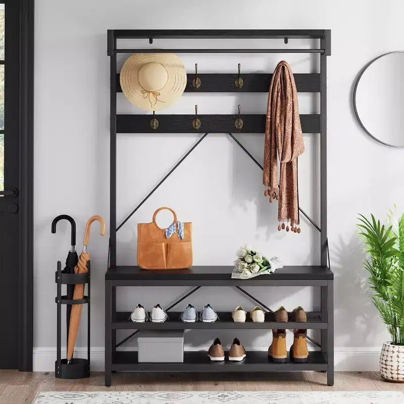 40 Portemanteau industriel avec banc et rangement à chaussures, porte-manteau avec barre de suspension, crochets et étagère de rangement pour entrée et vestiaire