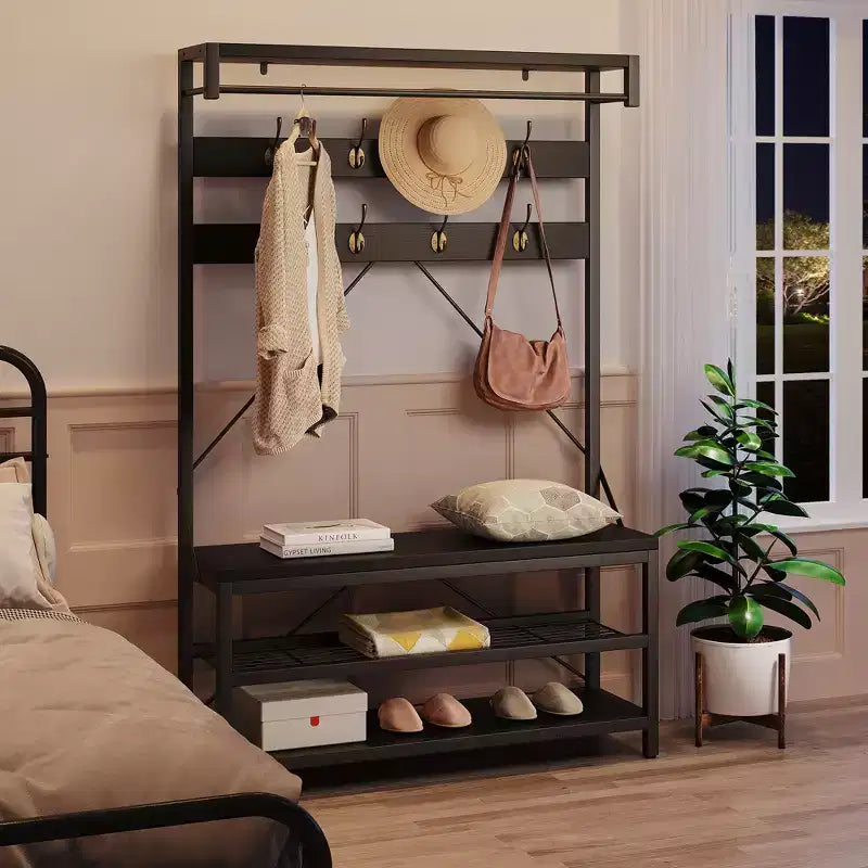 40 Portemanteau industriel avec banc et rangement à chaussures, porte-manteau avec barre de suspension, crochets et étagère de rangement pour entrée et vestiaire