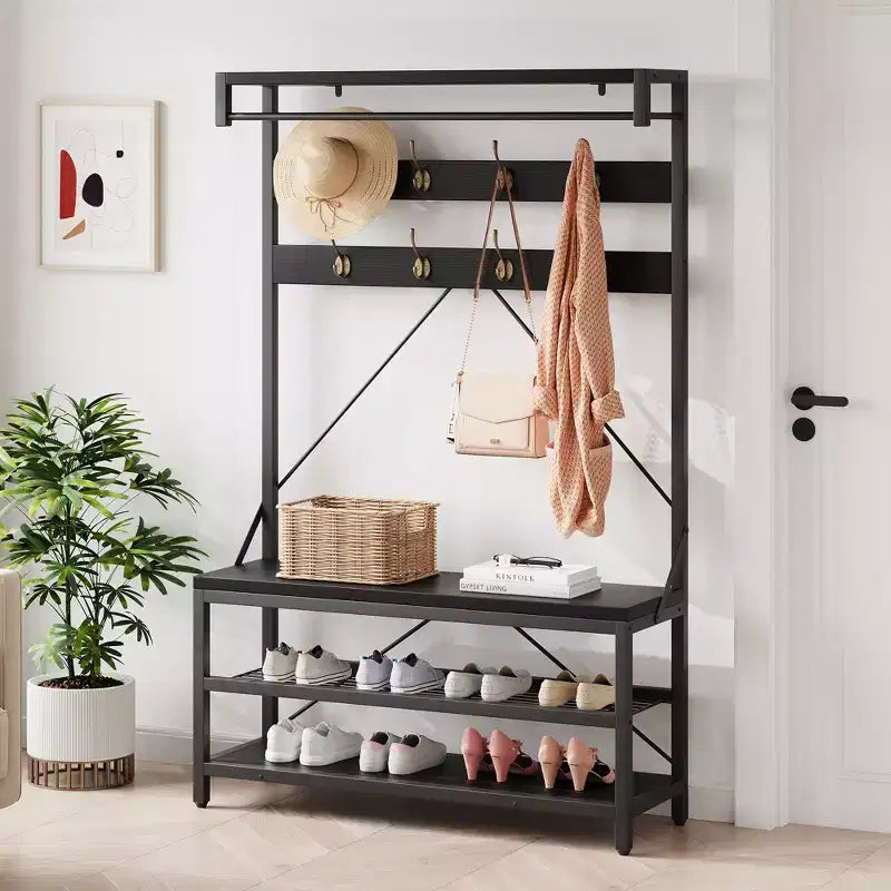 40 Portemanteau industriel avec banc et rangement à chaussures, porte-manteau avec barre de suspension, crochets et étagère de rangement pour entrée et vestiaire