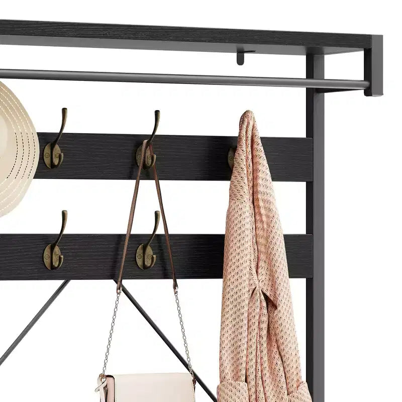 40 Portemanteau industriel avec banc et rangement à chaussures, porte-manteau avec barre de suspension, crochets et étagère de rangement pour entrée et vestiaire