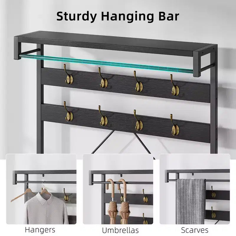 40 Portemanteau industriel avec banc et rangement à chaussures, porte-manteau avec barre de suspension, crochets et étagère de rangement pour entrée et vestiaire