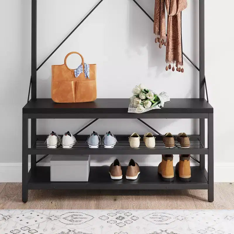 40 Portemanteau industriel avec banc et rangement à chaussures, porte-manteau avec barre de suspension, crochets et étagère de rangement pour entrée et vestiaire