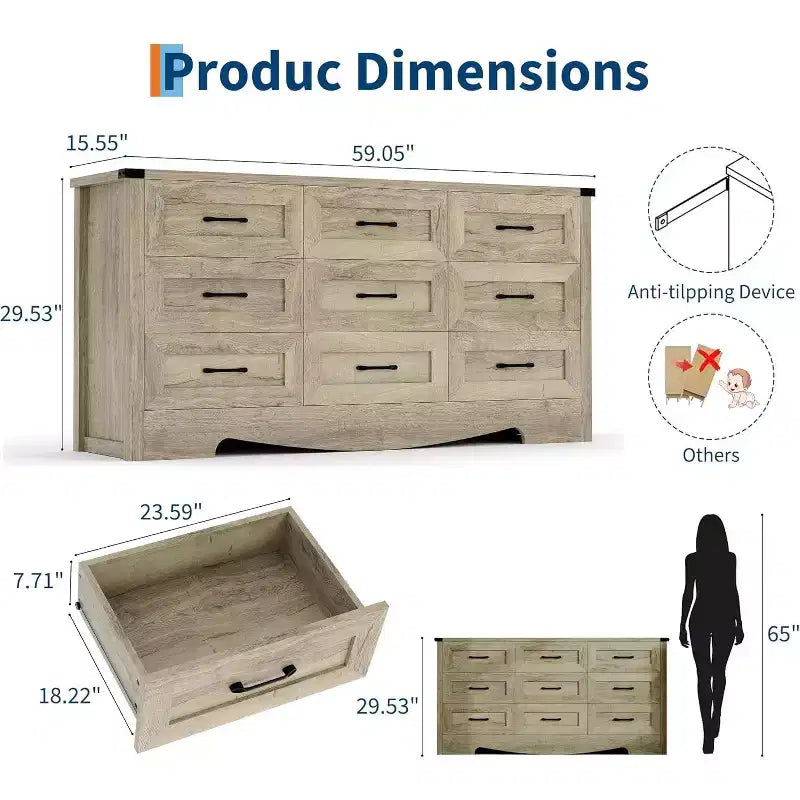 Commode à 9 tiroirs pour chambre à coucher, commode haute en bois de style ferme de 59 pouces, commode longue moderne, meuble de rangement en bois avec poignées pour salon