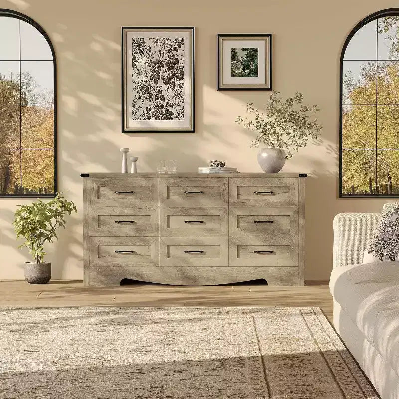 Commode à 9 tiroirs pour chambre à coucher, commode haute en bois de style ferme de 59 pouces, commode longue moderne, meuble de rangement en bois avec poignées pour salon