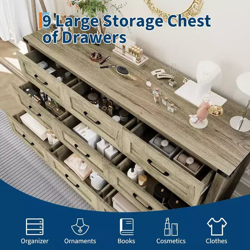 Commode à 9 tiroirs pour chambre à coucher, commode haute en bois de style ferme de 59 pouces, commode longue moderne, meuble de rangement en bois avec poignées pour salon