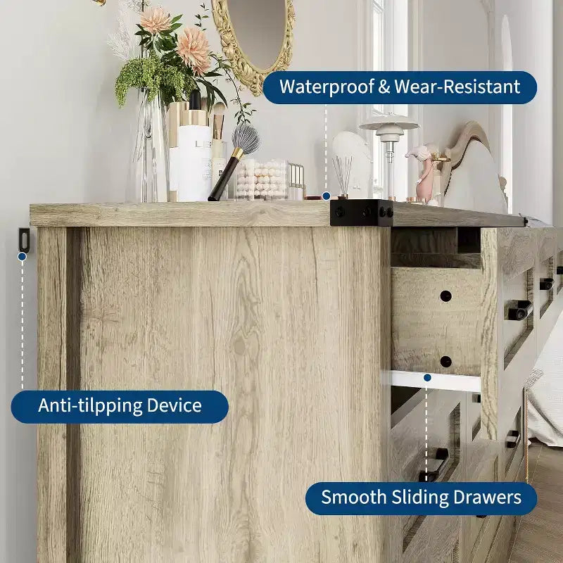 Commode à 9 tiroirs pour chambre à coucher, commode haute en bois de style ferme de 59 pouces, commode longue moderne, meuble de rangement en bois avec poignées pour salon