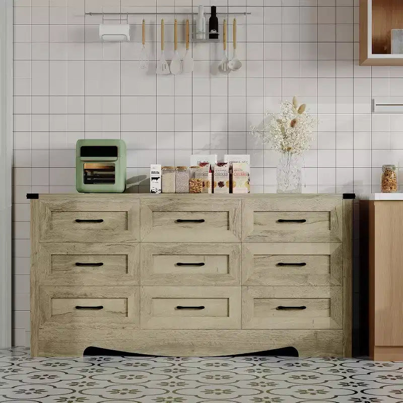 Commode à 9 tiroirs pour chambre à coucher, commode haute en bois de style ferme de 59 pouces, commode longue moderne, meuble de rangement en bois avec poignées pour salon