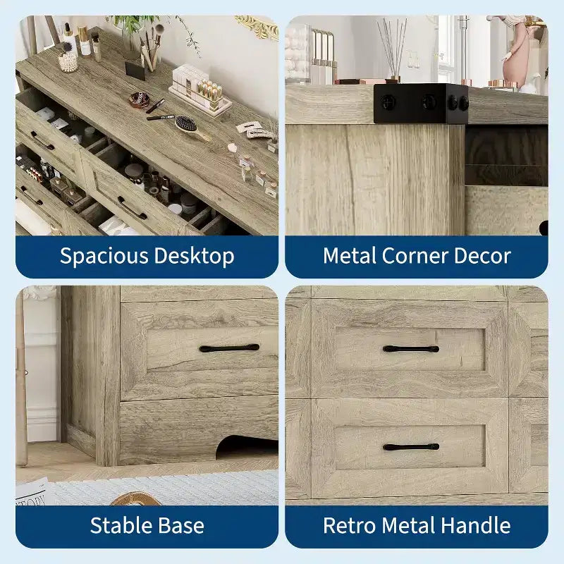 Commode à 9 tiroirs pour chambre à coucher, commode haute en bois de style ferme de 59 pouces, commode longue moderne, meuble de rangement en bois avec poignées pour salon