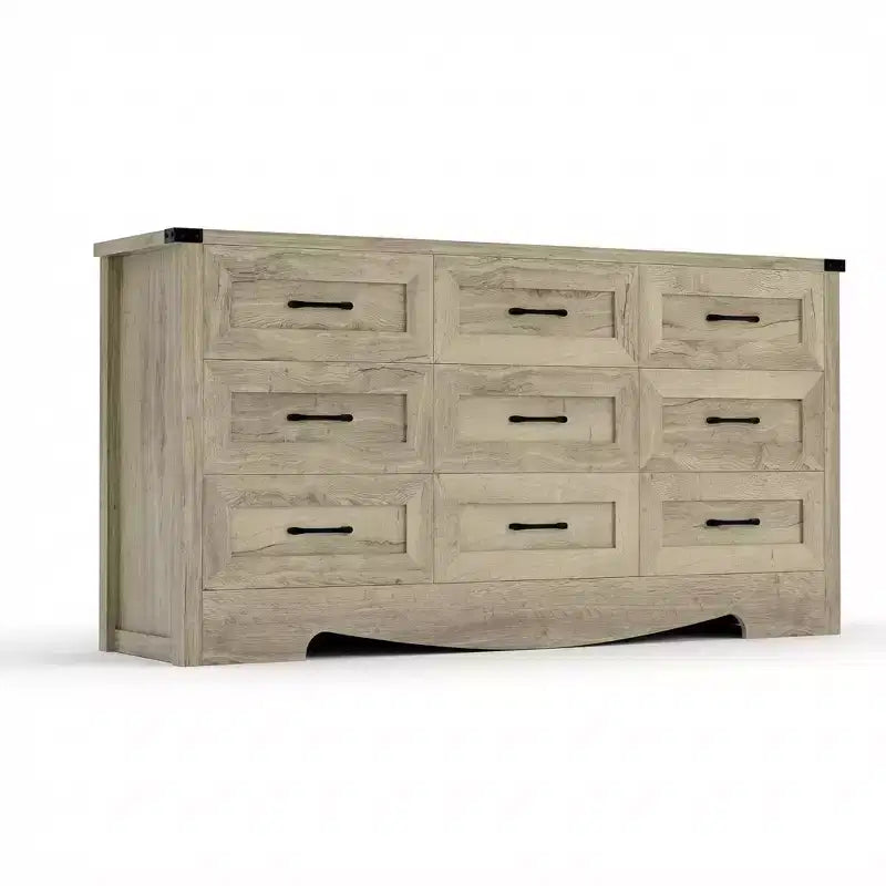 Commode à 9 tiroirs pour chambre à coucher, commode haute en bois de style ferme de 59 pouces, commode longue moderne, meuble de rangement en bois avec poignées pour salon