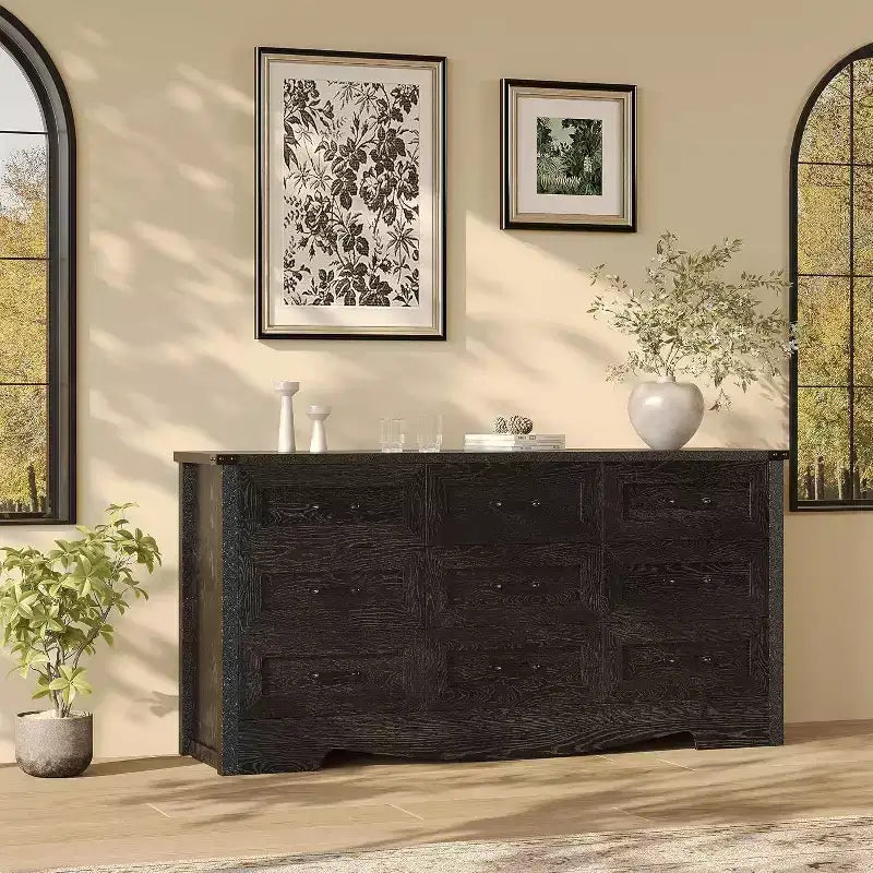 Commode à 9 tiroirs pour chambre à coucher, commode haute en bois de style ferme de 59 pouces, commode longue moderne, meuble de rangement en bois avec poignées pour salon