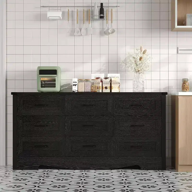 Commode à 9 tiroirs pour chambre à coucher, commode haute en bois de style ferme de 59 pouces, commode longue moderne, meuble de rangement en bois avec poignées pour salon