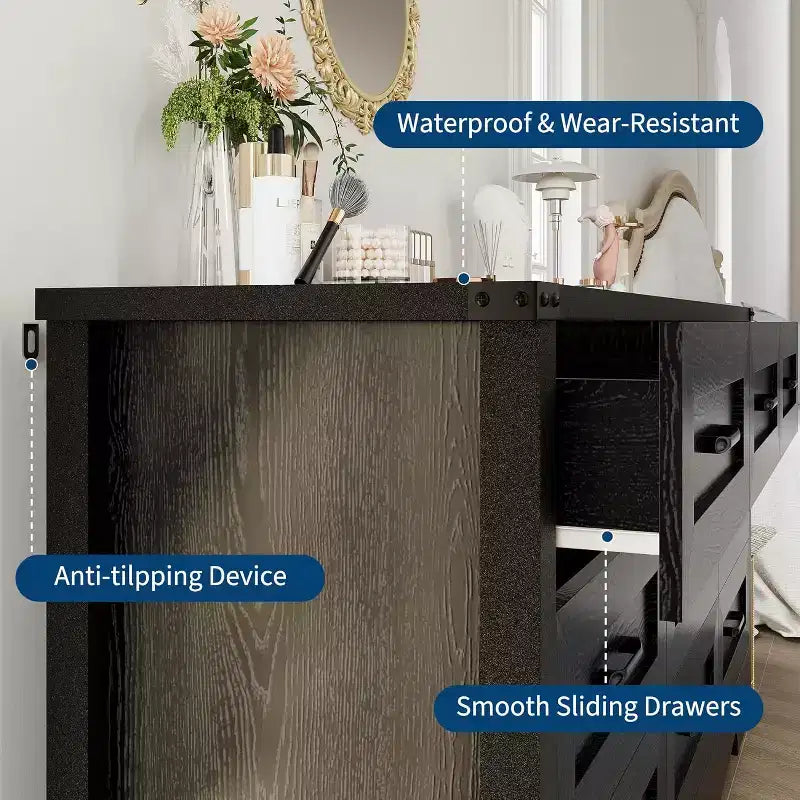 Commode à 9 tiroirs pour chambre à coucher, commode haute en bois de style ferme de 59 pouces, commode longue moderne, meuble de rangement en bois avec poignées pour salon