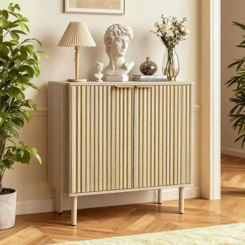 Meuble Bar à Café VEVOR, Table de Bar à Café Cannelée du Milieu du Siècle avec Rangement à 2 Niveaux, Buffet avec 2 Portes Coulissantes, 80 x 37,3 x 80 cm, Chêne