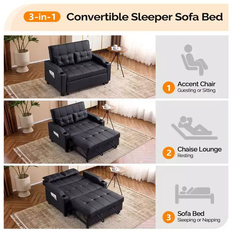 Canapé-lit convertible inclinable en cuir rembourré anti-griffes pour petits espaces avec coussins