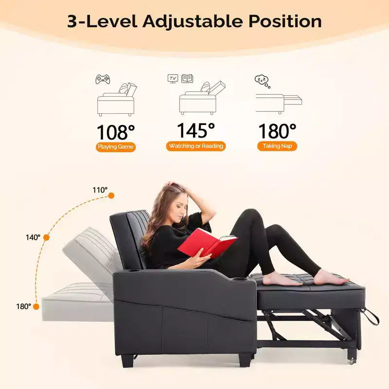 Canapé-lit convertible inclinable en cuir rembourré anti-griffes pour petits espaces avec coussins