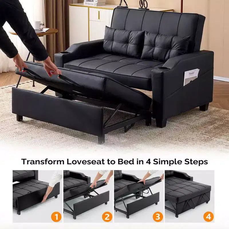 Canapé-lit convertible inclinable en cuir rembourré anti-griffes pour petits espaces avec coussins