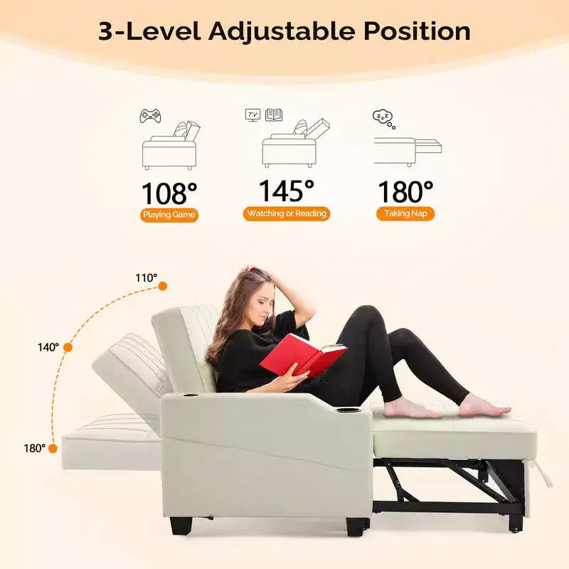 Canapé-lit convertible inclinable en cuir rembourré anti-griffes pour petits espaces avec coussins