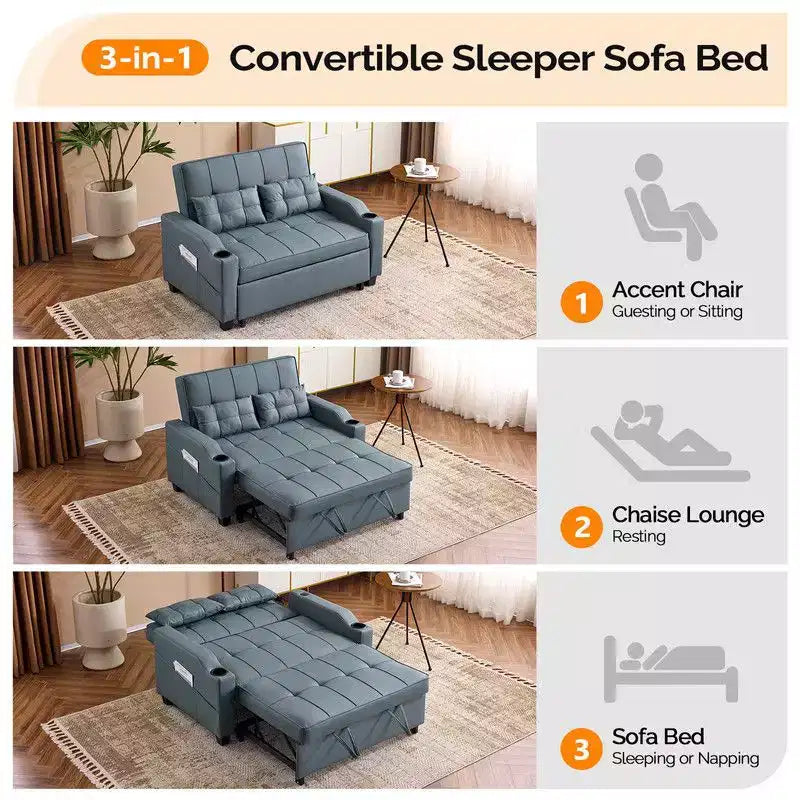Canapé-lit convertible inclinable en cuir rembourré anti-griffes pour petits espaces avec coussins