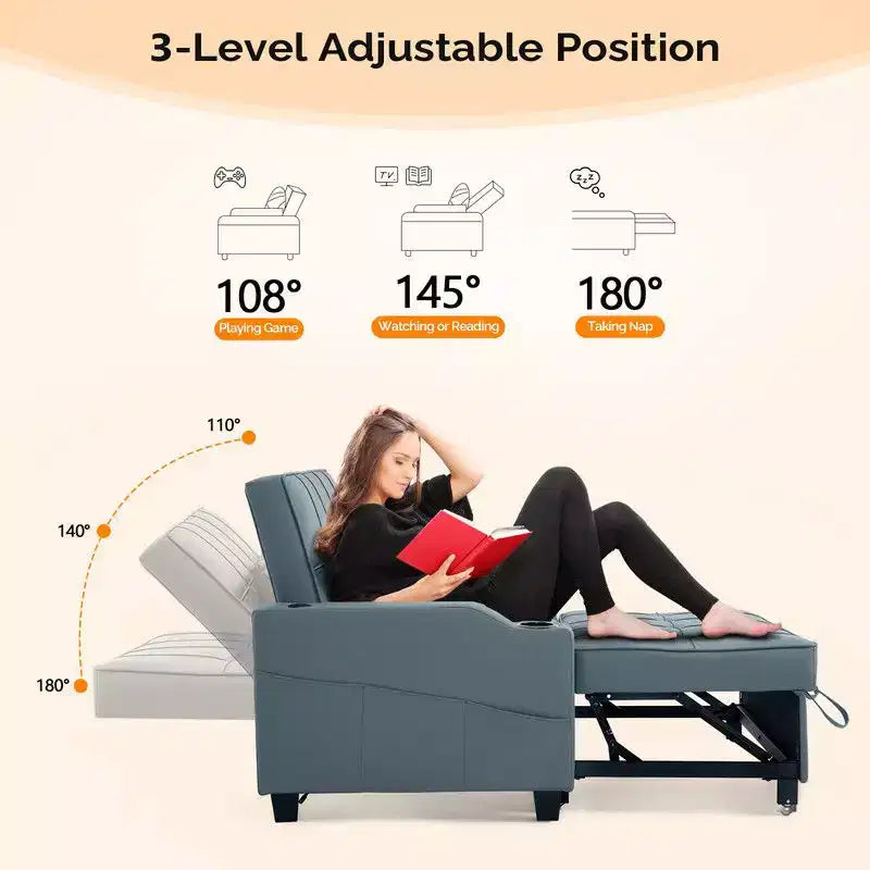 Canapé-lit convertible inclinable en cuir rembourré anti-griffes pour petits espaces avec coussins