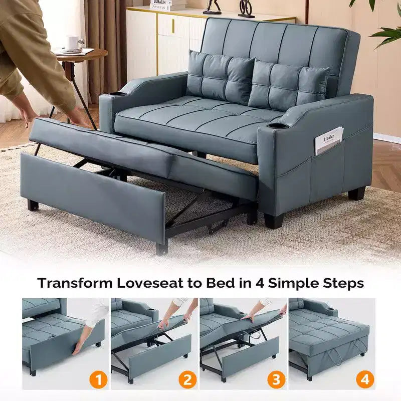 Canapé-lit convertible inclinable en cuir rembourré anti-griffes pour petits espaces avec coussins