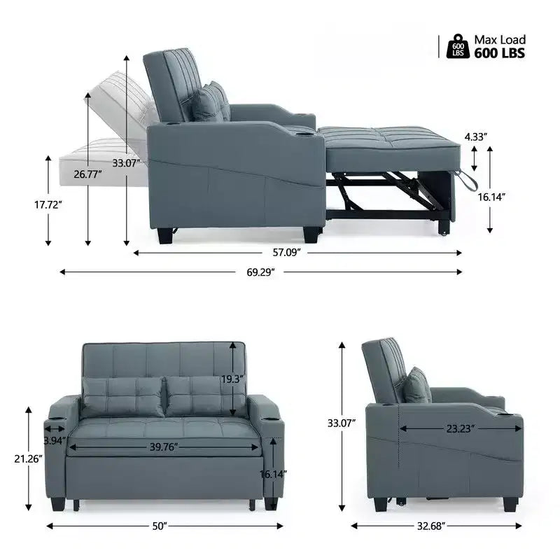 Canapé-lit convertible inclinable en cuir rembourré anti-griffes pour petits espaces avec coussins