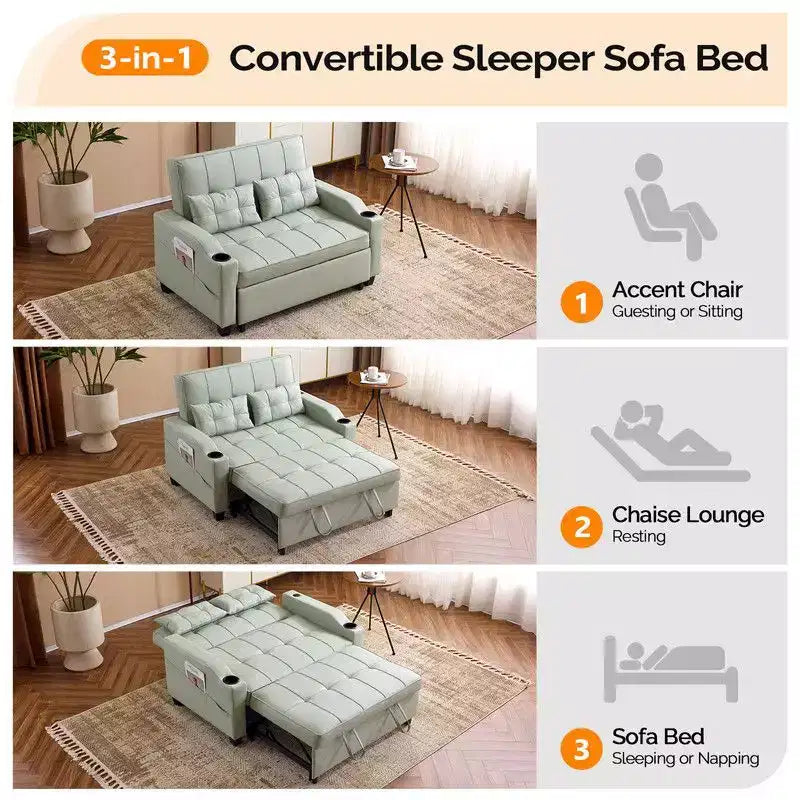 Canapé-lit convertible inclinable en cuir rembourré anti-griffes pour petits espaces avec coussins