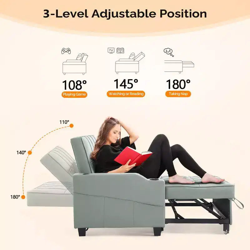 Canapé-lit convertible inclinable en cuir rembourré anti-griffes pour petits espaces avec coussins