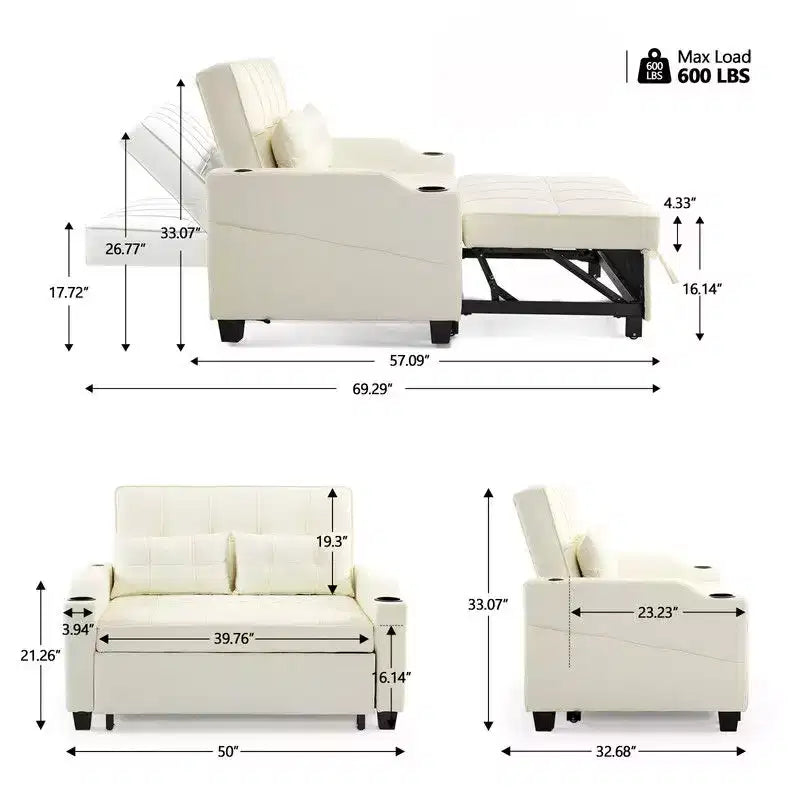 Canapé-lit convertible inclinable en cuir rembourré anti-griffes pour petits espaces avec coussins