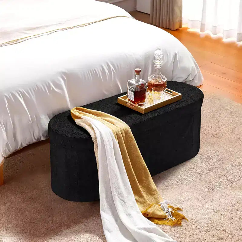 Banc de rangement ovale VEVOR, banc pliant en polaire Teddy pour le bout du lit, coffre de rangement pliant rembourré avec grand espace de rangement, 300 kg, noir