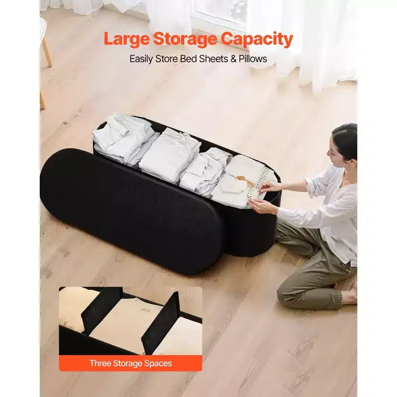 Banc de rangement ovale VEVOR, banc pliant en polaire Teddy pour le bout du lit, coffre de rangement pliant rembourré avec grand espace de rangement, 300 kg, noir