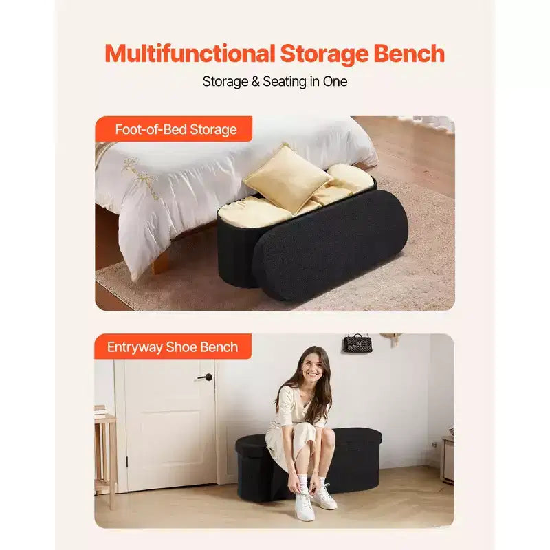 Banc de rangement ovale VEVOR, banc pliant en polaire Teddy pour le bout du lit, coffre de rangement pliant rembourré avec grand espace de rangement, 300 kg, noir