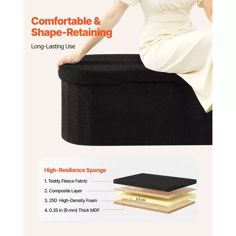 Banc de rangement ovale VEVOR, banc pliant en polaire Teddy pour le bout du lit, coffre de rangement pliant rembourré avec grand espace de rangement, 300 kg, noir