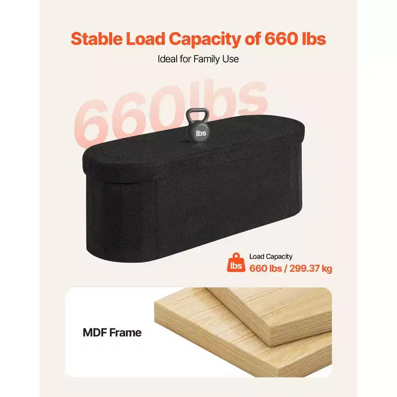 Banc de rangement ovale VEVOR, banc pliant en polaire Teddy pour le bout du lit, coffre de rangement pliant rembourré avec grand espace de rangement, 300 kg, noir
